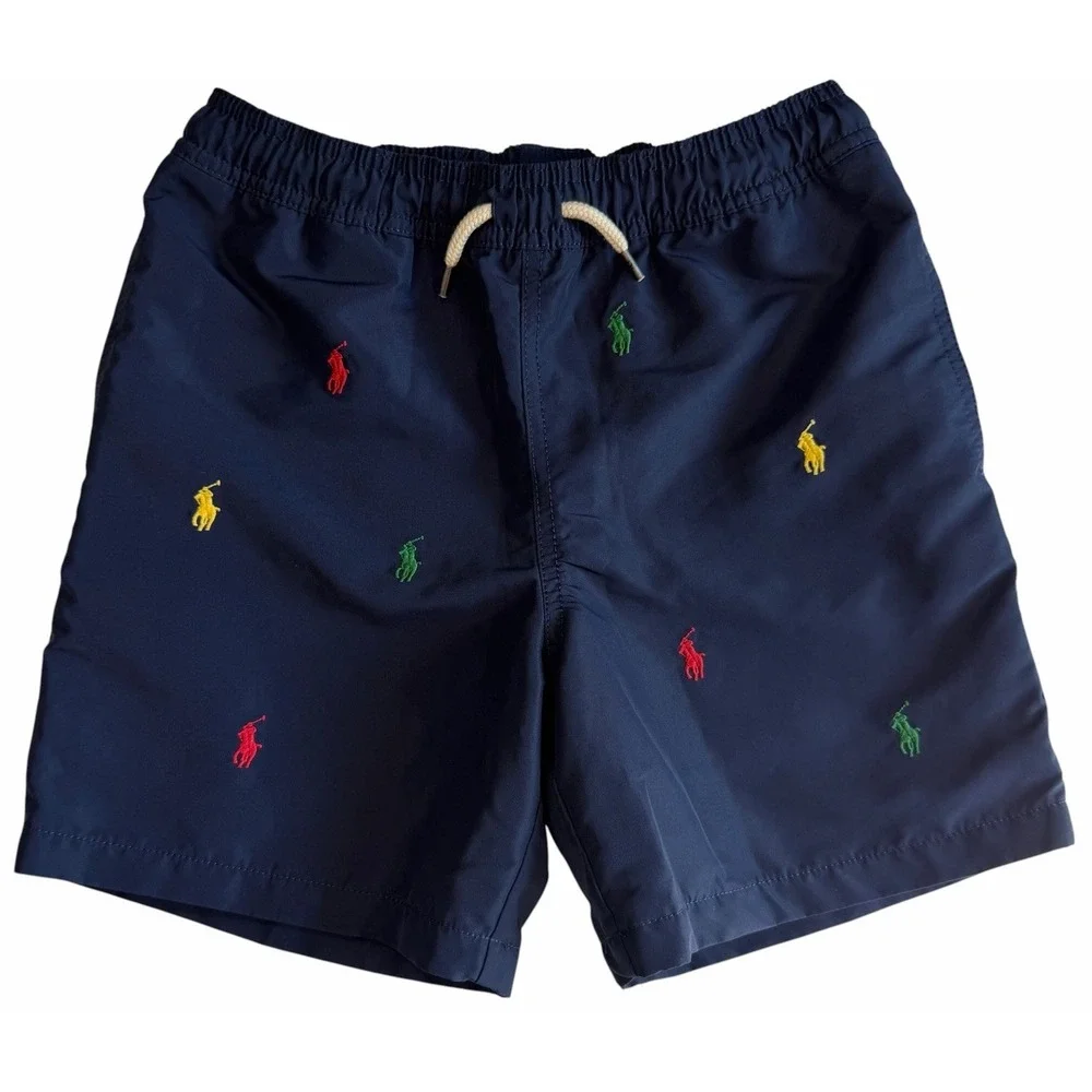Polo Ralph Lauren Young Boys Navy Blue AOP Logo Swim Trunks Shorts Size M 10/12